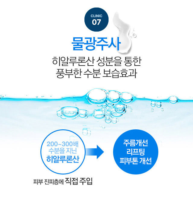 물광주사 히알루론산 성분을 통한 풍부한 수분 보습효과 :200~300배 수분을 지닌 히알루론산 을 주름개선 리프팅 피부톤을 개선합니다.